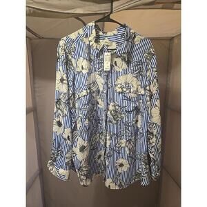 Nwt Jones Studio Long Sleeve Blouse 2x Blue Stripe Floral